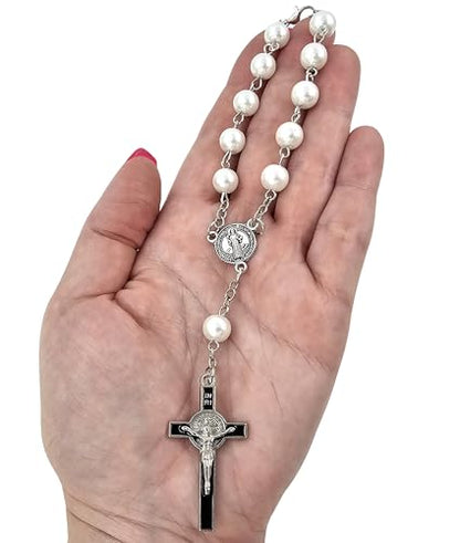 TALISMAN4U St Benedict One Decade Catholic Rosary for Car Rearview Mirror - color: White Car Rosary