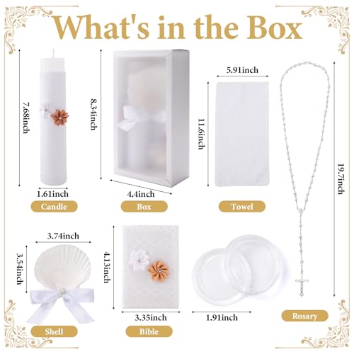 5 PCS Baptism Candle Set for Boys and Girls,Baptism Kit Catholic Candle,Towel,Shell,Rosary andBible for Baptismal Christening First Communion Gift,Velas para Bautizo De Niño o Niña