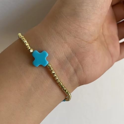 Colorful Cross Charm Bracelets for Women Men Adjustable Gold Plated Beaded Bracelet Boho Bead Ball Stretch Bracelet Birthday Summer Beach Jewelry - color: 3mm Blue
