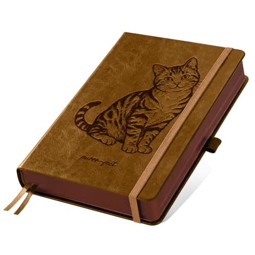 A5 Cute Cat Leather Journal, 300 Pages Lined Notebook, Brown Vintage Pattern Hardcover Notebook for Travel Diary, Business, Work and School Daily Writing - style: Cute Cat