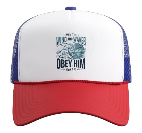 Christian Faith Bible Verse Jesus Wind and Waves Religious Trucker Hat with Adjustable Mesh Back - color: Red/White/Royal Blue