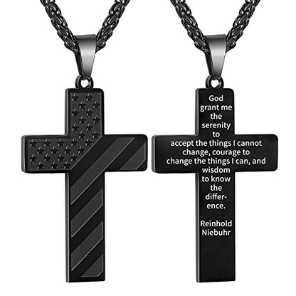 DuoDiner 18+2" Cross Necklace for Men Boys Christian Confirmation Gifts - color: Black, style: Serenity Prayer