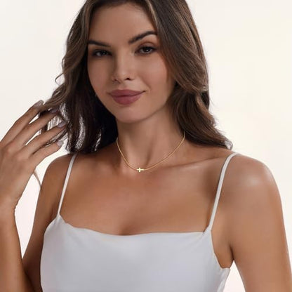 Airmb Cross Necklace for Women Choker 14K Gold/925 Silver Plated Dainty Choker Small Cross Pendant Trendy Cute Cross Charm Delicate Necklace Hypoallergenic Faith Jewelry Religious Gifts for Women - color: Sideways Cross-Gold Plated