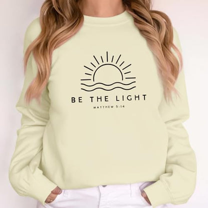 Sulayesh Christian Be The Light Sweatshirts for Women Religious Faith Jesus Bible Verse Graphic Shirts Loose Pullover Tops - color: Apricot, size: Large
