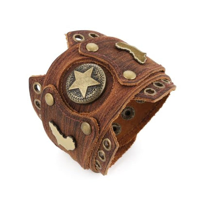 HZMAN Leather Bracelets Retro Men's Leather Cuff Bracelet Adjustable Wide Wristband Bracelet Jewelry Gift - color: Brown - Five-pointed Star