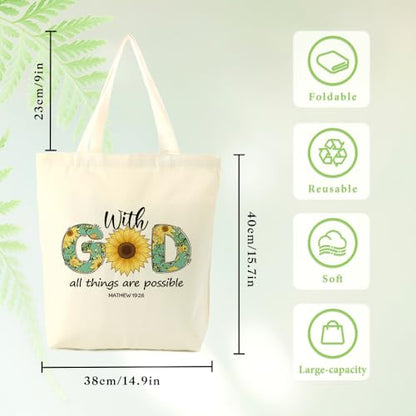 Christian Gifts for Women Faith With God All Things Are Possible Religious Bible Verse Canvas Tote Bag with Handles Inspirational Spiritual Birthday Christmas Gifts for Best Friend Sister Coworkers