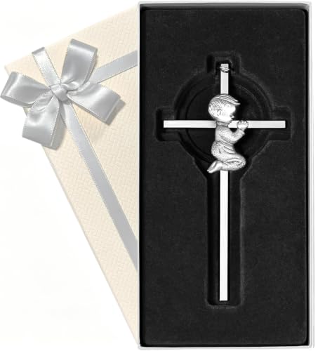 Tryuunion Baby Wall Cross Baptism and Christening Gifts for Boys, 6-inch Silver Blessing Catholic Boy Baptism Crosses for First Holy Communion, and Dedication Baptismal Gifts from Godparents - color: Silver Boy-6 in