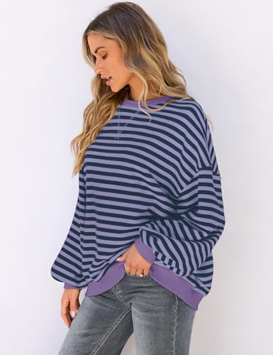 UEU Women Oversized Striped Crewneck Sweatshirt Long Sleeve Casual Pullover - color: Blue Purple Stripe, size: Small