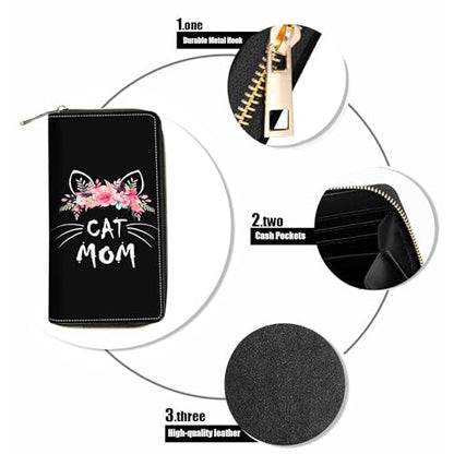 Cat Mom Floral Print Wallet for Women Large Capacity Wallet Credit Card Holder PU Leather Zipper Clutch Purse Phone Wallet - color: Cat Mom Floral