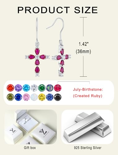 YL 925 Sterling Silver Cross Dangle Earrings Halo Birthstone Hook Earrings Religious Jewelry for Women - color: 7-ruby-Jul