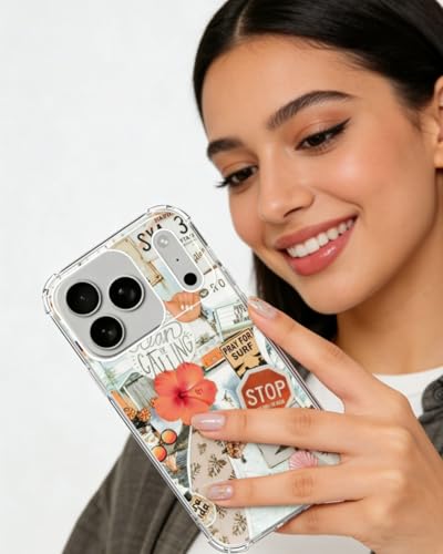 Summer Vibes Surfing Phone Case Compatible with iPhone 17 Pro, Aesthetic Turtle Flower Collage Phone Cover for iPhone 17 Pro - color: Summer Vibe