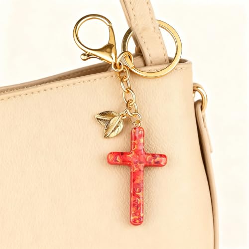 Angyape Cute Christian Cross Keychain for Women Purse Bag Charms Car Key Rings Accessories Flower Design Jesus Faith Gifts - color: N：red