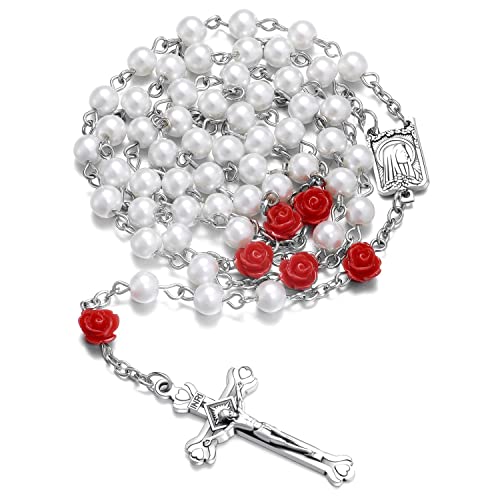 SZQCZB Rosary Beads Catholic Necklace Holy Soil Medal Cross Crucifix with Metal Box and 18pcs Prayer Cards - color: White