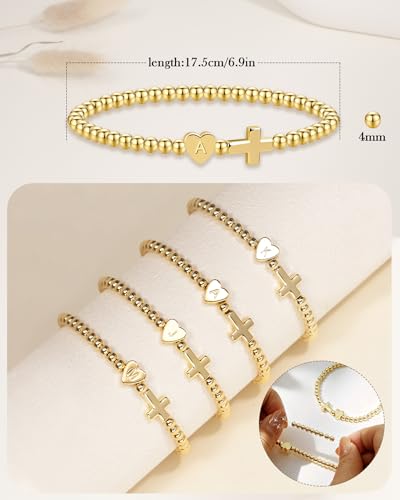 TLY Gold Beaded Bracelets for Women Cross Initial Elastic Stretch Bracelet - color: P