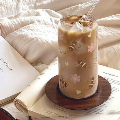 SANDJEST Bee 16oz Can Glass Tumbler with Acrylic Lid & Straw - Iced Coffee Cup for Women Girls, Aesthetic Cups Gifts for Birthday Christmas - color: Bee