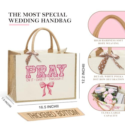 KongMoTree Christian Tote Bags, Coquette Bow Bag with Floral Christians Gifts for Mom, Wife, Sisters, Best Friends - color: Pray on It Over It Through It Pink