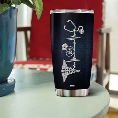 Personalized Nurse Tumbler Gifts for Women Heartbeat Stethoscope Nurses Travel Cup Coffee Mug Appreciation Gift for Nurse Insulated Stainless Steel 20oz With Lid - color: BSN