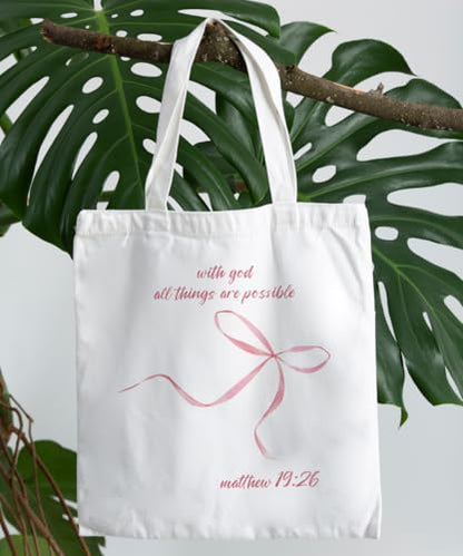 Coquette Bow Bible Canvas Tote Bag for Women Teens Teen Girls, Pink Bow Girls Tote Bag, Coquette Gifts - color: Pink Bow Bible Verses