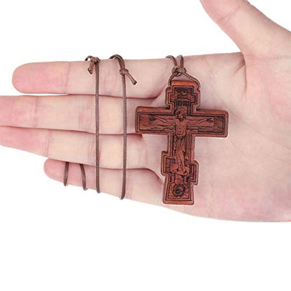 COTTVOTT Wood Orthodox Cross Pendant Necklace Christian Crucifix Necklace Prayer Jesus for Women Men - style: B-Red Color