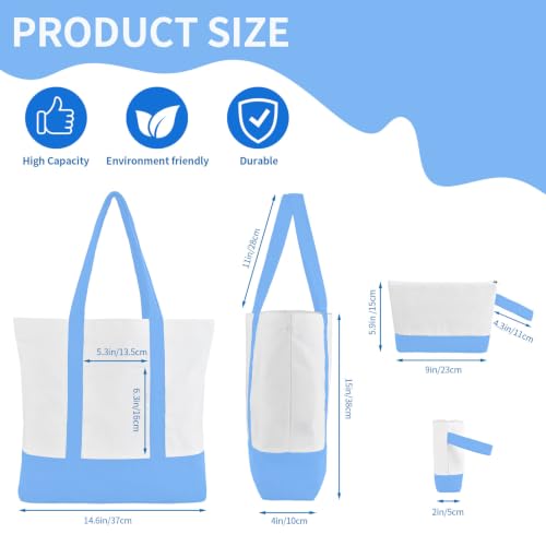 2-Pack Canvas Tote Bags and Makeup Bags, Cotton Zipper Bag, Sky Blue - color: Sky Blue/White