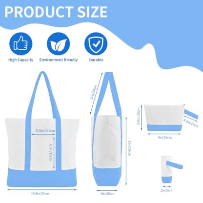 2-Pack Canvas Tote Bags and Makeup Bags, Cotton Zipper Bag, Sky Blue - color: Sky Blue/White