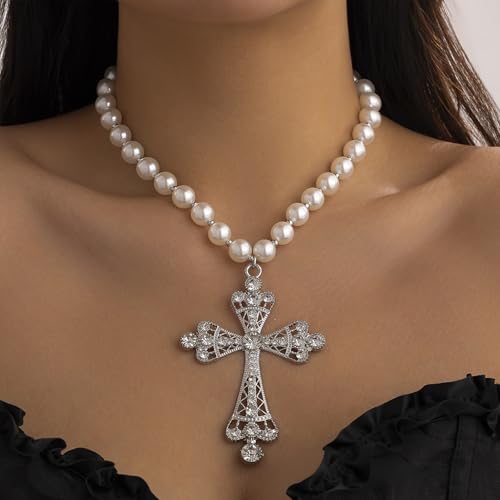 Pearl Cross Necklace Big Cross Pendants Necklaces for Women Chunky Pearl Necklace Gothic Cross Necklace Punk Vintage Cross Jewelry Women - style: Silver