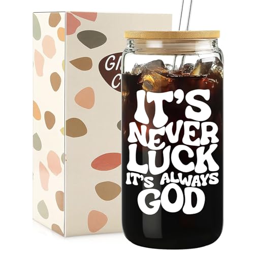 Mikopei Christian Gifts for Women, Faith Glass Cup with Lid and Straw 16 oz
