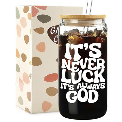 Mikopei Christian Gifts for Women, Faith Glass Cup with Lid and Straw 16 oz