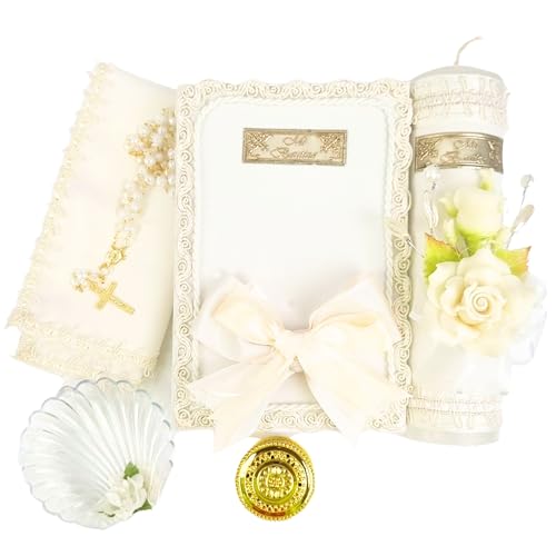 Complete Baptism Candle Set Unisex 5 pc | Baptism kit Catholic with Rosary - color: Cream
