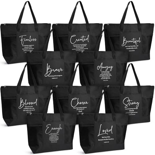 Paterr 10 Pcs Christian Tote Bags Bulk with Pocket Zipper for Women Religious Gifts Bags for Church Bible Study(Black,Encouraged) - color: Black, size: Encouraged