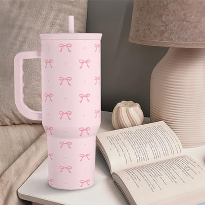 SANDJEST Gift for Women Girls - Coquette Bow Stainless Steel Tumbler with Handle, Travel Coffee Mug - Gifts for Birthday Christmas, 40oz - color: Bow
