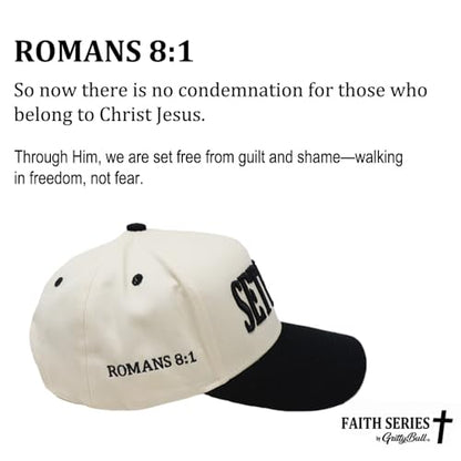 Faith Series 2-Tone Trucker Hat – Christian Faith-Based Cap with Bible Verse Detail - color: Set Free | Romans 8:1 | Black