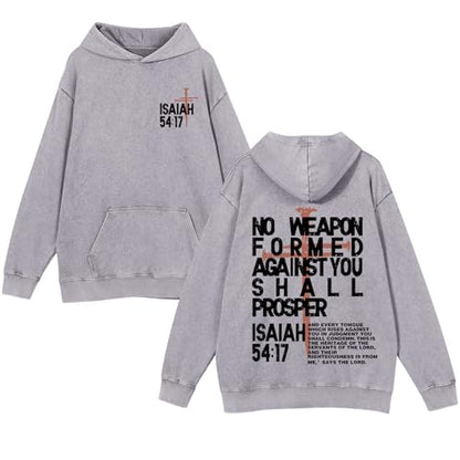 Christian Hoodies Men Jesus No Weapon Formed Against You Sweatshirts Faith God Oversized Acid Wash Graphic Pullover - color: Gray, size: Small
