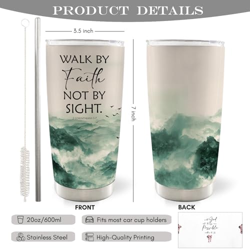 Christian Mountain Landscape 20oz Travel Coffee Mug Tumbler, Christian Gifts for Women Men, Walk By Faith Not By Sight Bible Verse Religious Stainless Steel Tumbler with Lid and Straw - color: faith