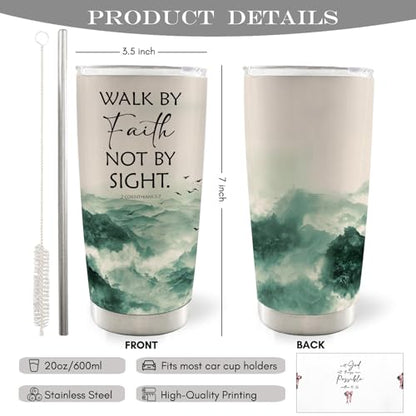 Christian Mountain Landscape 20oz Travel Coffee Mug Tumbler, Christian Gifts for Women Men, Walk By Faith Not By Sight Bible Verse Religious Stainless Steel Tumbler with Lid and Straw - color: faith