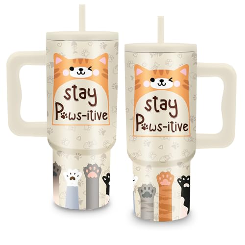 24oz Cat Paw Tumbler with Handle & Straw, Gift For Cat Lovers - color: Cat2