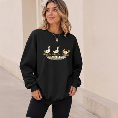 Silly Goose Christian Sweatshirts for Women Walking by Faith Tripping Constantly Sweatshirt Cute Graphic Crewneck - color: Black, size: XX-Large