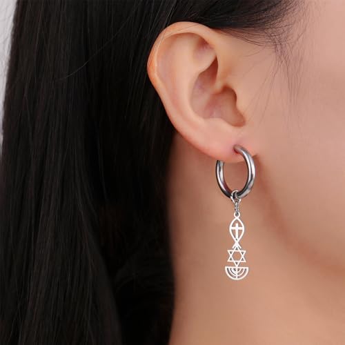 Messianic Seal Dangle Earrings Messianic Seal of Jerusalem Earrings Star of David,Ichthus with Cross,Menorah,Jewish Star Earrings Religious Hanukkah Jewelry Token of Prayer - color: silver2