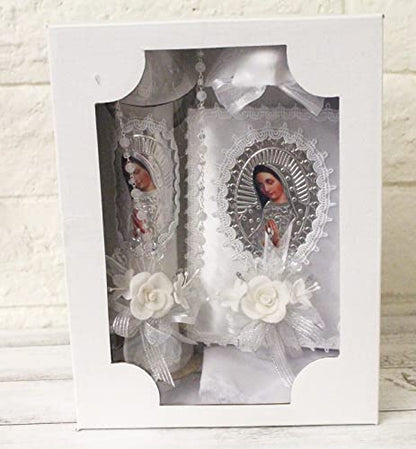 Handmade 5 Piece Our Lady Guadalupe Virgin Mary Candle Set, White