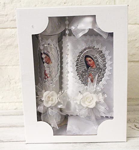 Handmade 5 Piece Our Lady Guadalupe Virgin Mary Candle Set, White