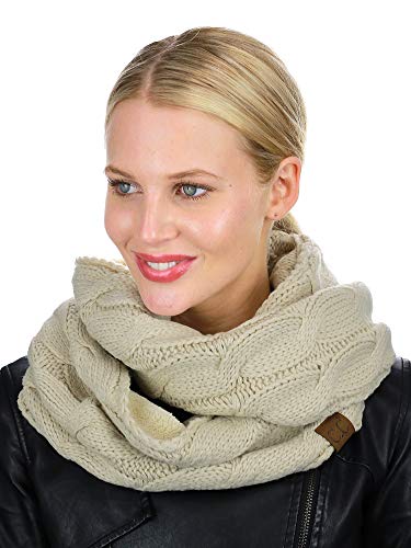 C.C Women's Winter Cable Knit Sherpa Lined Warm Infinity Pullover Scarf - color: Beige