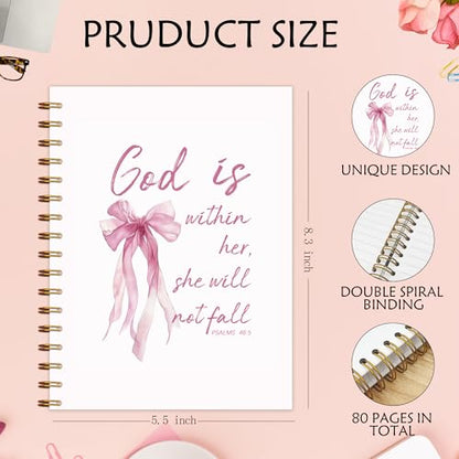 Coquette Pink Bow Christian Spiral Notebook 5.5x8.3, God is Within Her She Will Not Fall Bible Journaling, Religious Prayer Journal for Woman, Church Notes Notebook, Scripture Journal