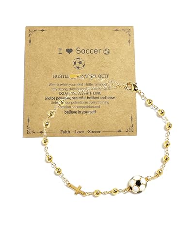Gold-Tone Cross Link Bracelet with Sports & Heart Charms - Basketball Football Bracelet for Women, Faith-Inspired Christian Gifts for Women (Adjustable Chain) - color: Golden Soccer