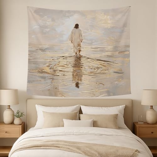 bitCNY Jesus Walking on Water Golden Glow Tapestry – Christian Wall Hanging with Divine Light, Faith-Inspired Religious Home Decor, 50x60 Inch - color: white-Water Golden Glow