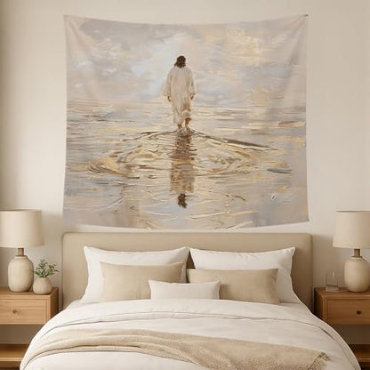 bitCNY Jesus Walking on Water Golden Glow Tapestry – Christian Wall Hanging with Divine Light, Faith-Inspired Religious Home Decor, 50x60 Inch - color: white-Water Golden Glow
