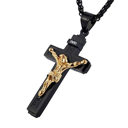 HZMAN Catholic Jesus Christ INRI Cross Crucifix Pendant Necklace for Men - color: Black
