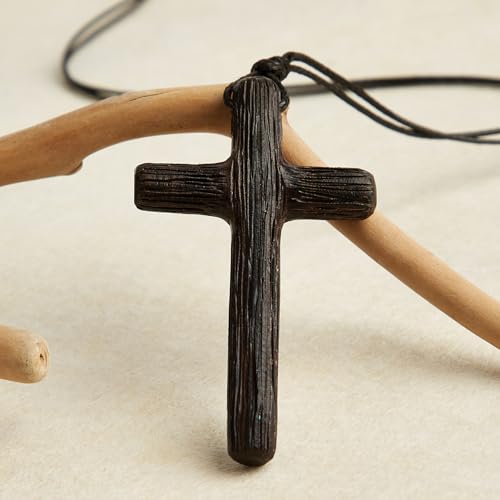 Men's Wooden Cross Necklaces Real Handcrafted Ebony Wood Cross Pendants With Leather Necklace Men's Black Cross Necklaces Christian Baptism Crucifix Pendant for Men （Integrated Wood Grain）