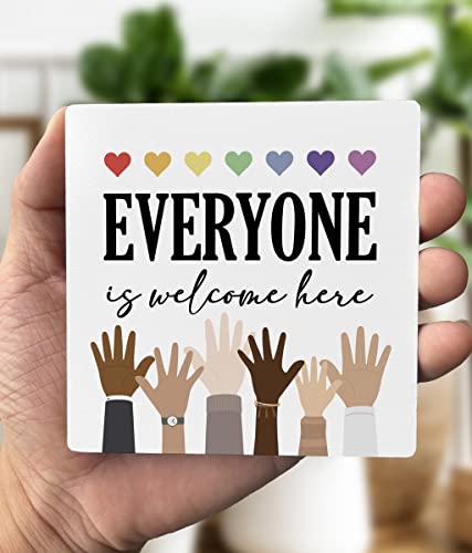Gkwa Mini Wood Plaque, Everyone is Welcome Here, 4 x 4.3 inches, Wood Sign Plaque Gift, Desk Sign, LGBT Pride, Black Lives Matter, Diversity, Equality, Classroom Sign - color: Everyone 01
