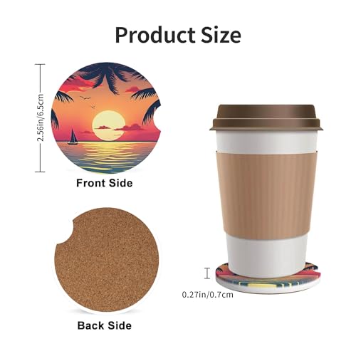 Beach Sunset Car Cup Holder Coasters 2 Pack 2.63" for Women - color: Orange