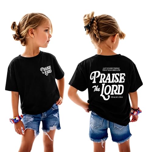Fkatuzi Christian Shirts for Girls Praise The Lord Shirt Kids Jesus Faith Bible Verse God Religious Cute Graphic Tee Tops - color: Black, size: 7-8 Years